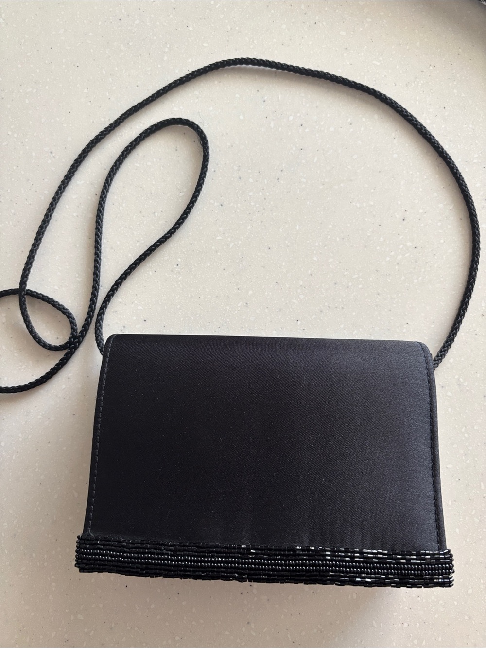 Black Satin Crossbody Evening Bag with Beaded Trim